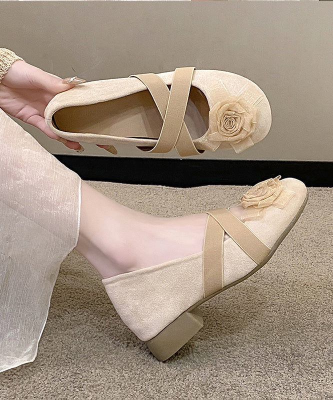 Floral Strap Feet Shoes Cross Flat Apricot Suede Splicing