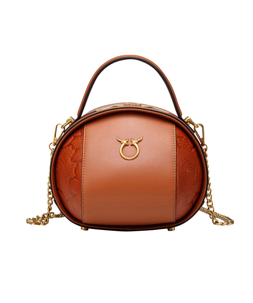 Round Versatile Casual Brown Leather Bag Calf