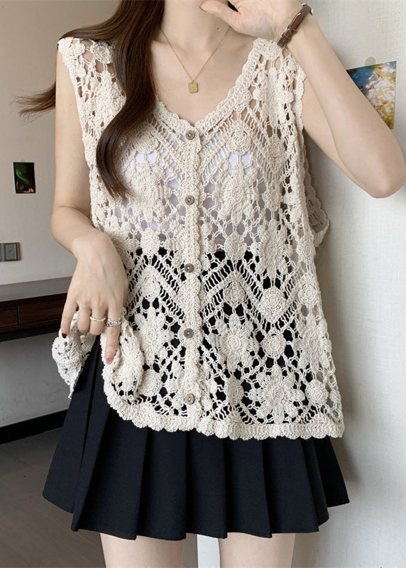 Neck Out Apricot Knit Vest V Hollow Sleeveless Chic