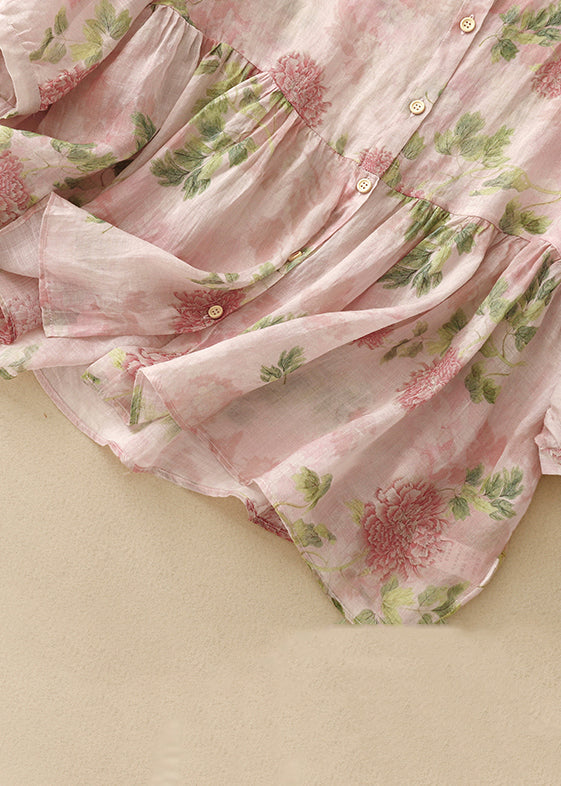 ボタン付きクラシックブラウス 袖付きピンクコットンブレスレット Oネックプリント