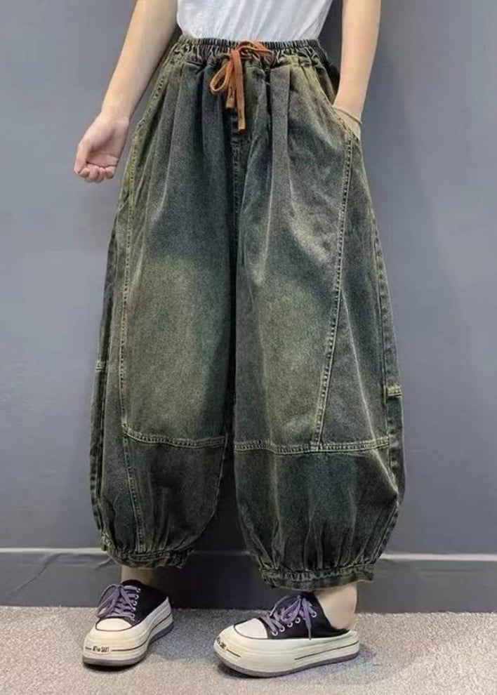 Waist Summer Patchwork Lantern Pants Green Pockets Elastic Handmade