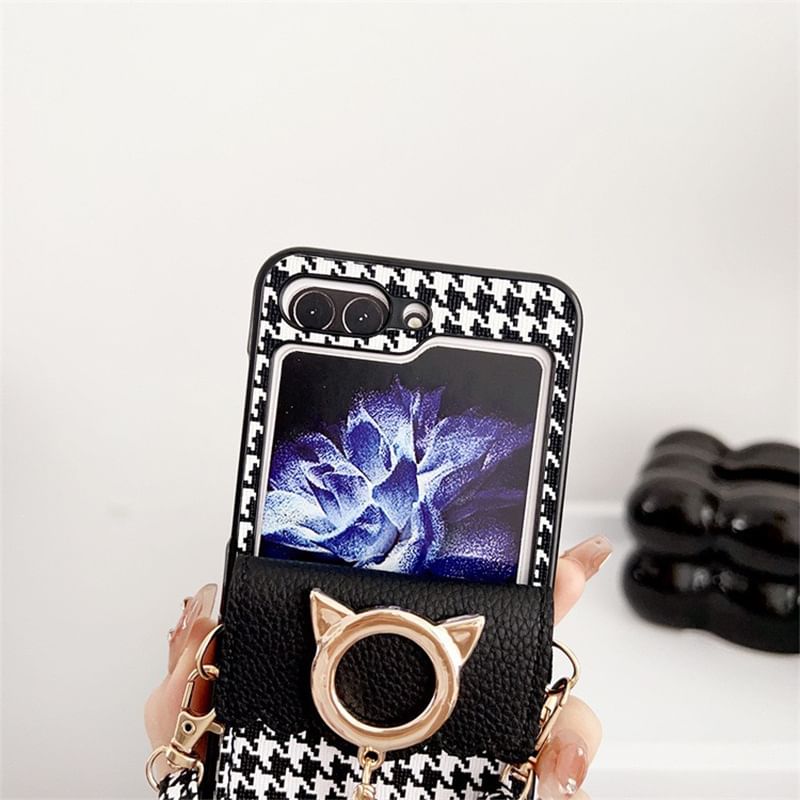 Cat Lanyard Faux Phone Case Houndstooth Pearl