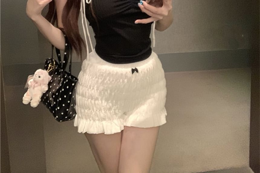 Tシャツ トリムフィット コントラスト スリム ボウ キャップスリーブ クロップ