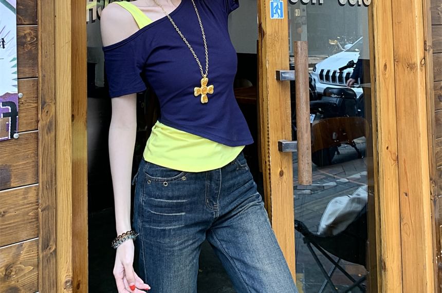フィットトーン 半袖 アシンメトリー Tシャツ コールドショルダー モック スリムネック ツーピース