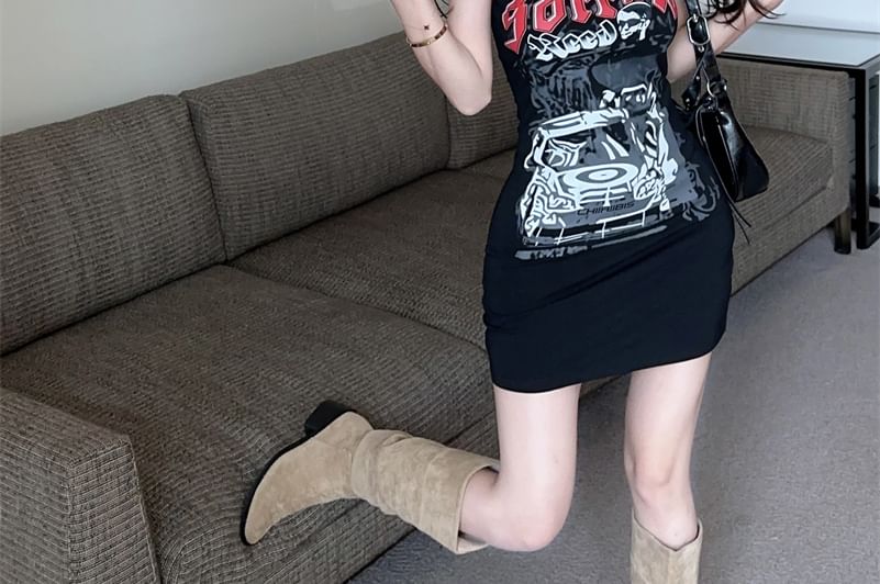 Spaghetti Strap Dress Mini Patterned Sheath Print Lettering