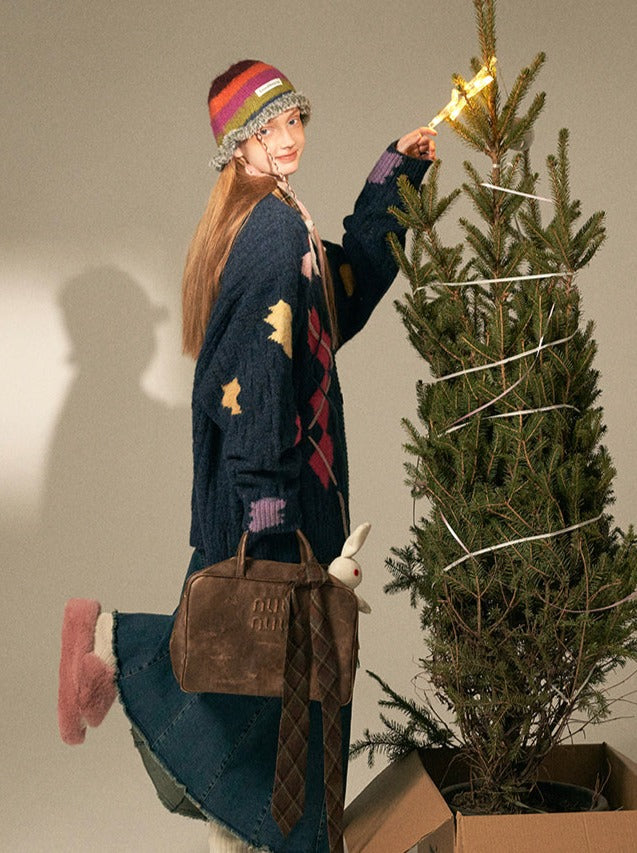 アシンメトリーニットオーバーデザインカーディガンレトロカラフル