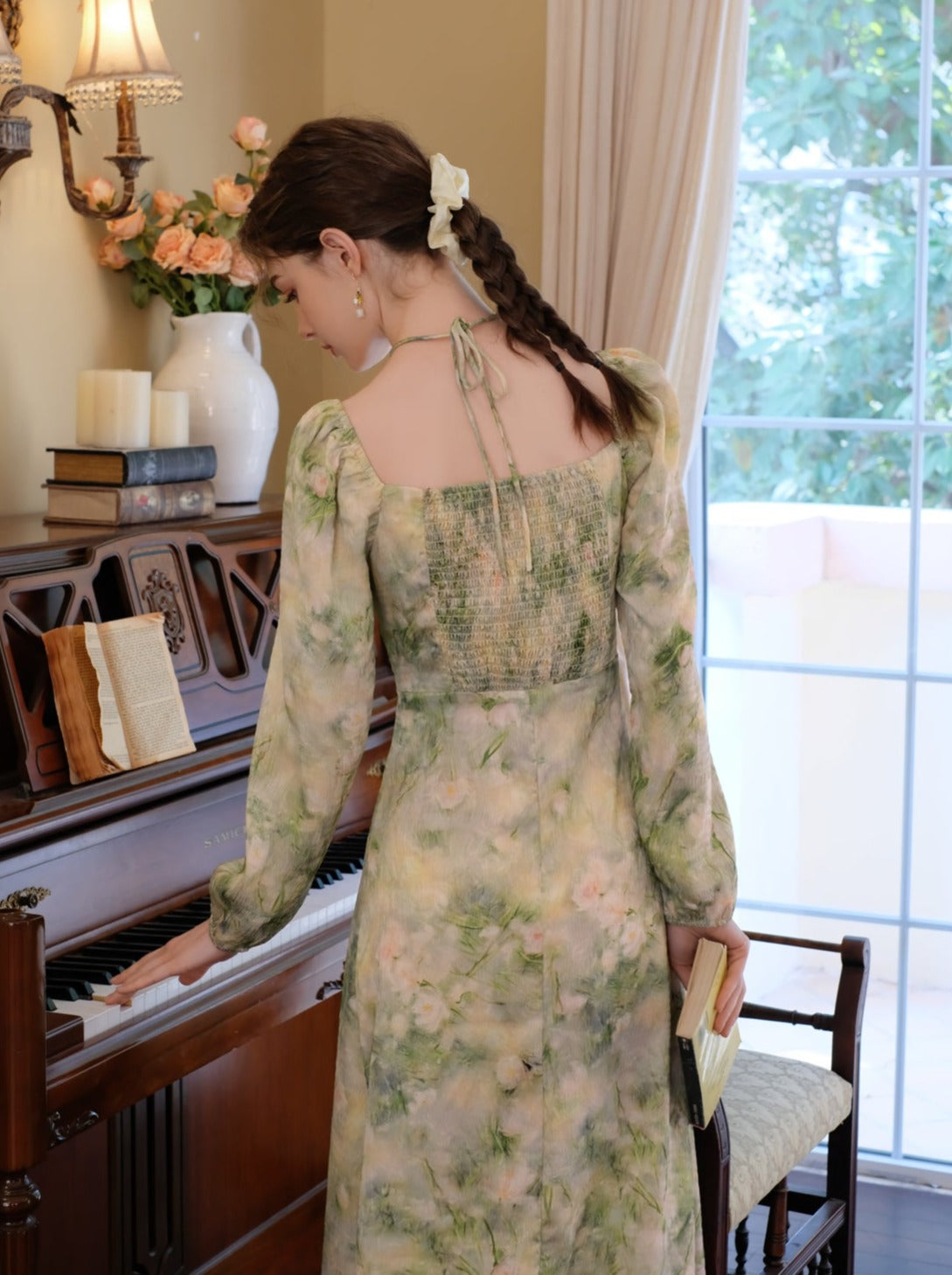 Elegant Neck Green Square Retro Dress