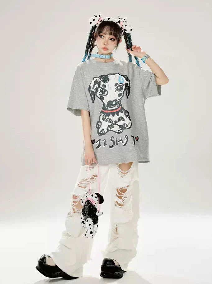 Print Dalmatian T-Shirt Loose Gray