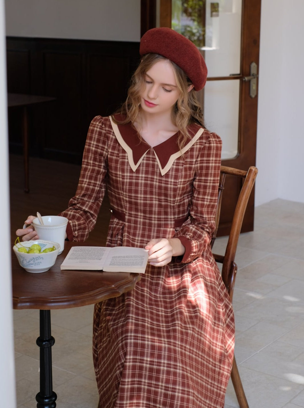 チェックドレス ラテ バタフライ レトロ ブラック ティーカラー フレンチ