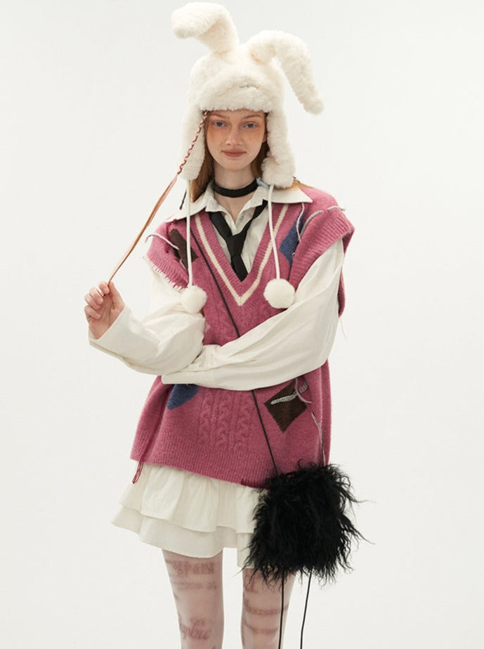 Vest Lace-up Argyle Over-Knit