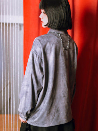 プリントスエードチャイナドラゴンシャツレトロ