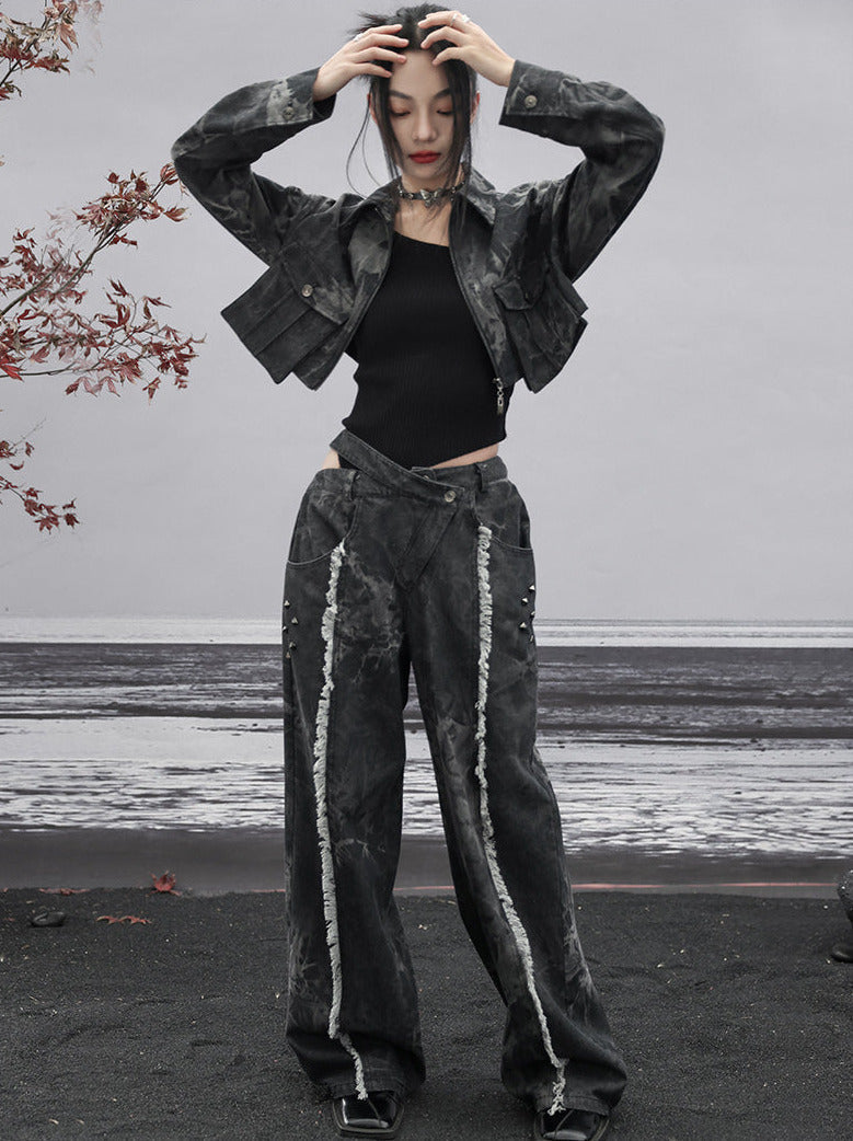 ダークデザインデニム ルーズフリンジ ワイドカットアウトウエスト