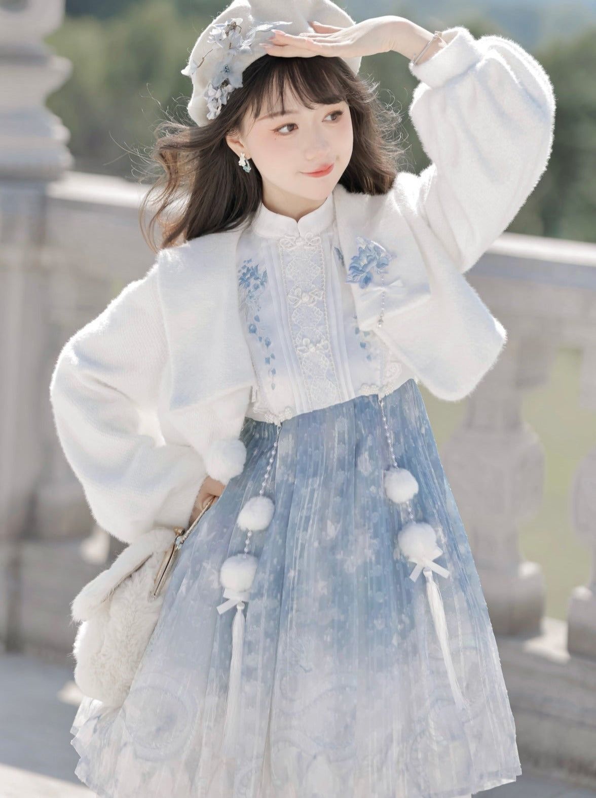 ドレス ショート ブルー チャイニーズファーコート アイス