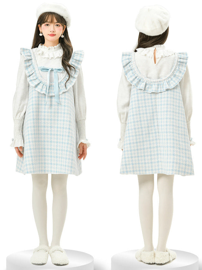 フリルショルダードレス Aライン チェックツイード