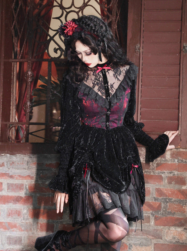 赤いドレス パフスリーブ ベルベット ローズレース 墓地 ゴシック ダーク