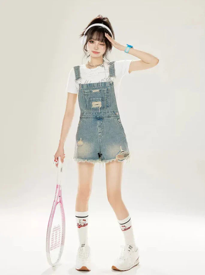 Overalls aus Jeansshorts mit Used-Waschung