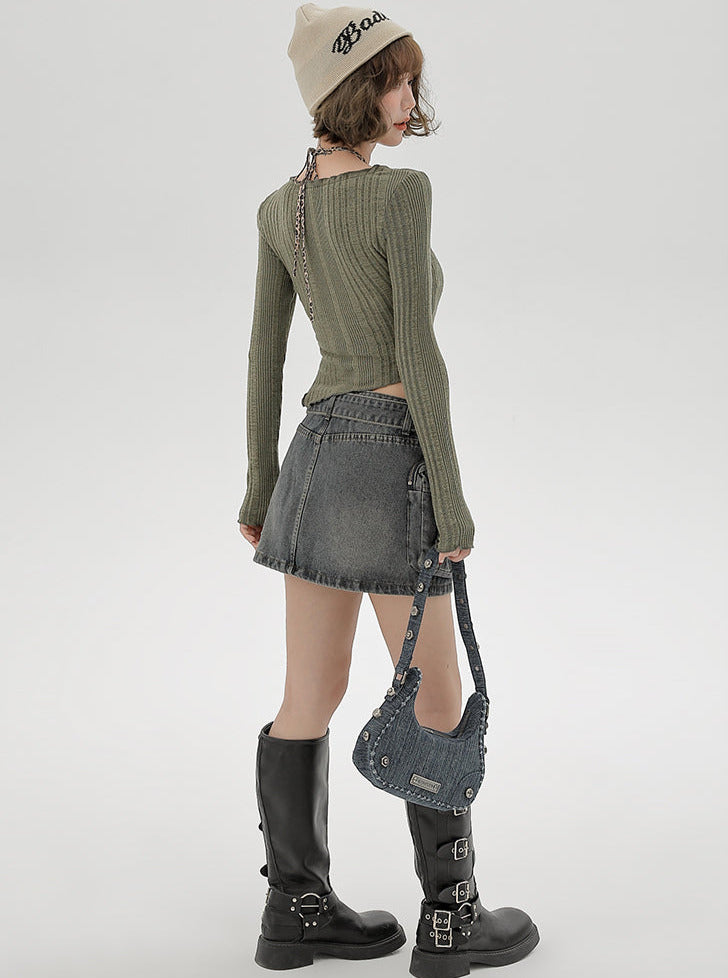 ピーストップ レオパード コントラスト ショート スリム ツーカラーネック フェイクホルター