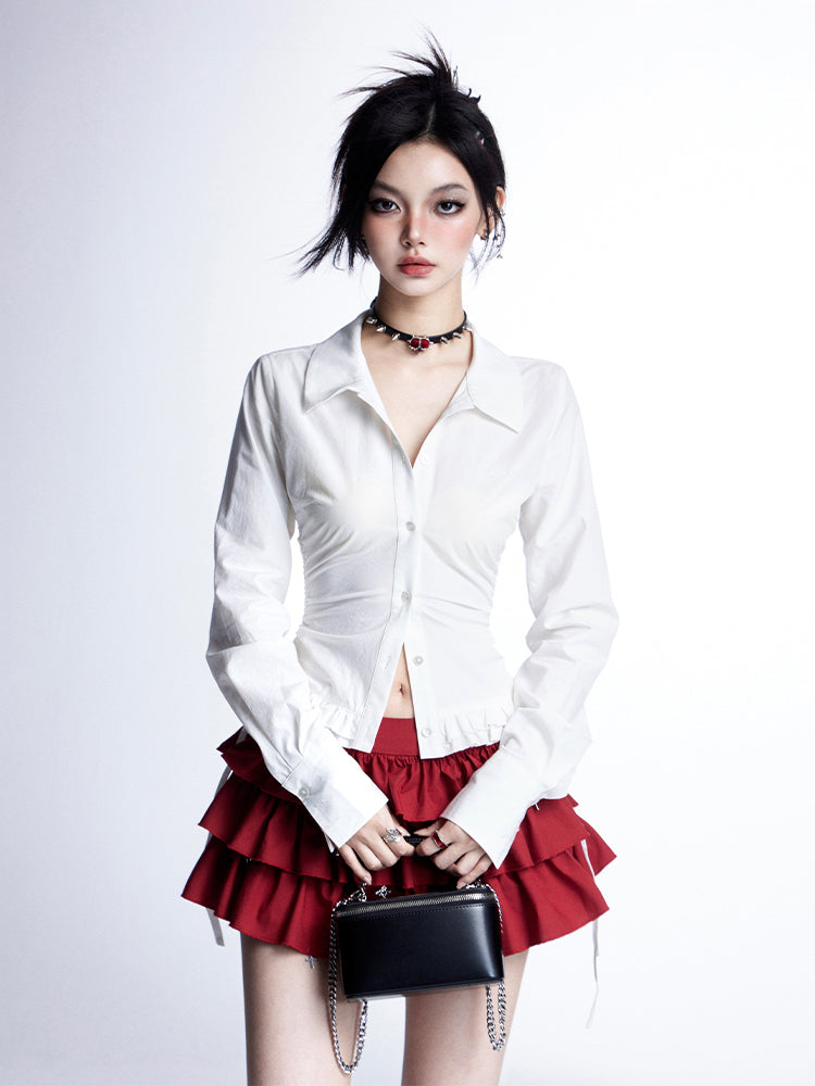 Vネック モデストプリーツブラウス スリム