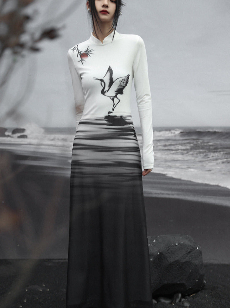 Langes Kleid Malerei Strick Slim China Print Tinte