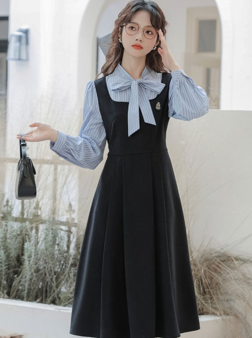 Striped Style Dress Splicing Faux College