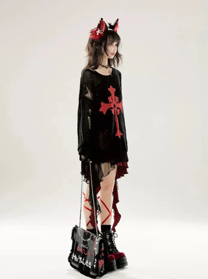 Cutout Ripped Loose Summer Knit Dark Print Black