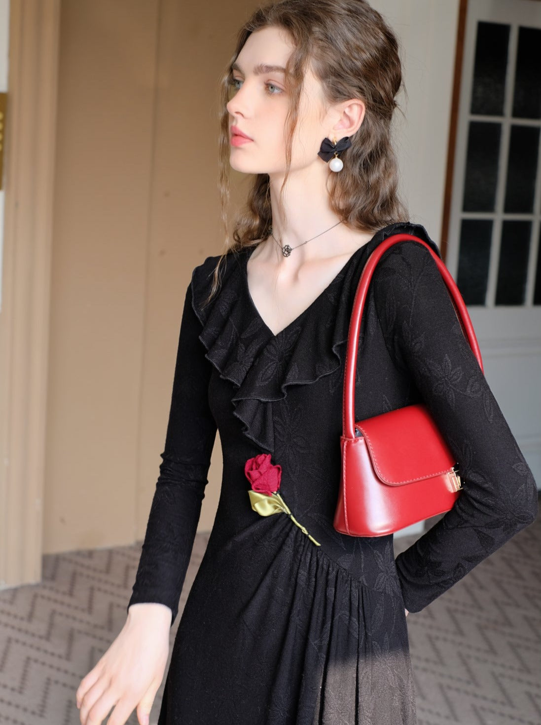 Rose Dress Chic Long Retro Dark Night