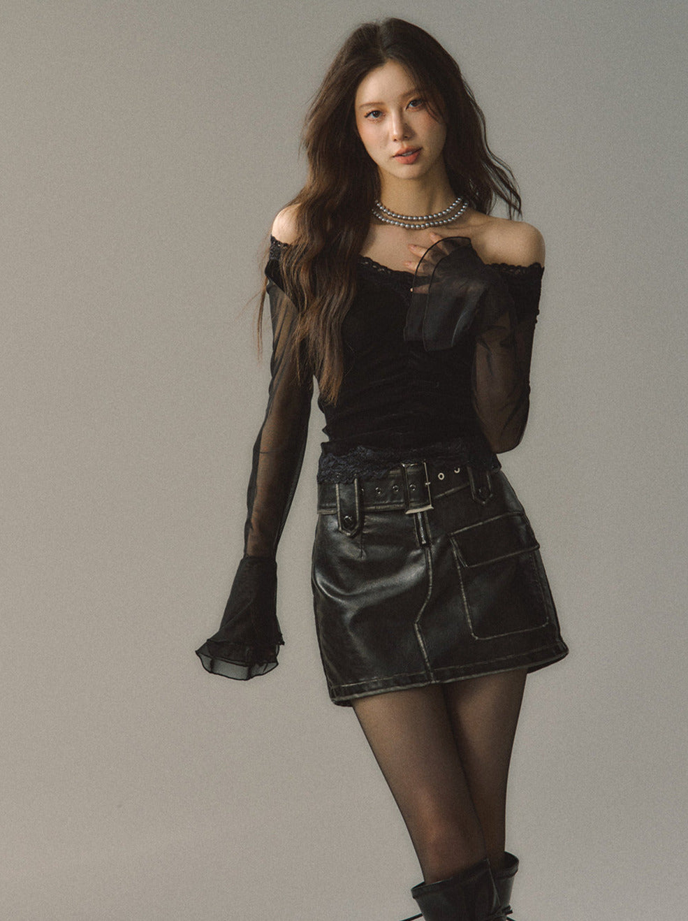 Lace Edge V Neck Sheer Bell Sleeve Black Slim Shirt