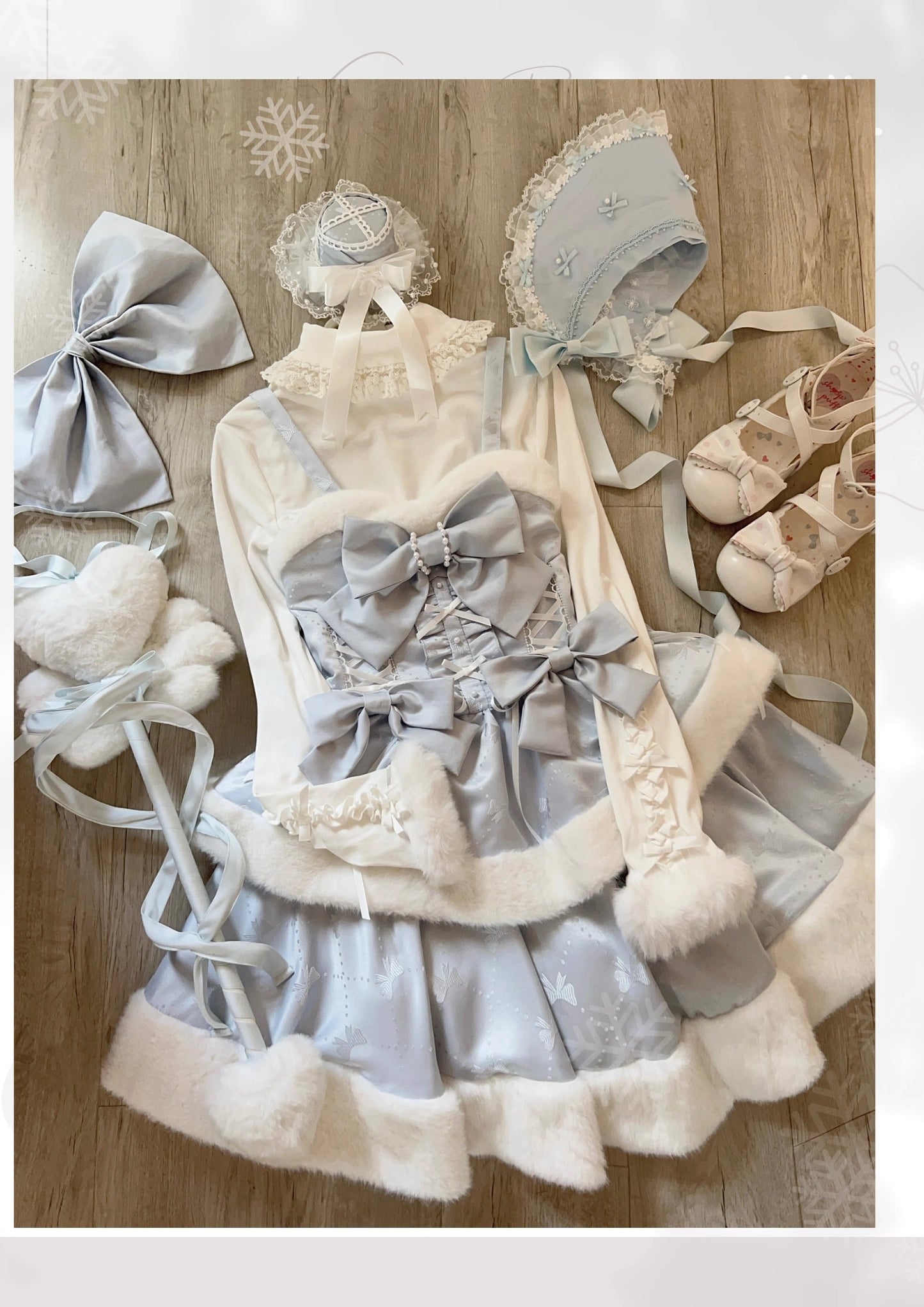 Blue Snowflake Bows Bodice Winter Plush Trimming Strapless Dress