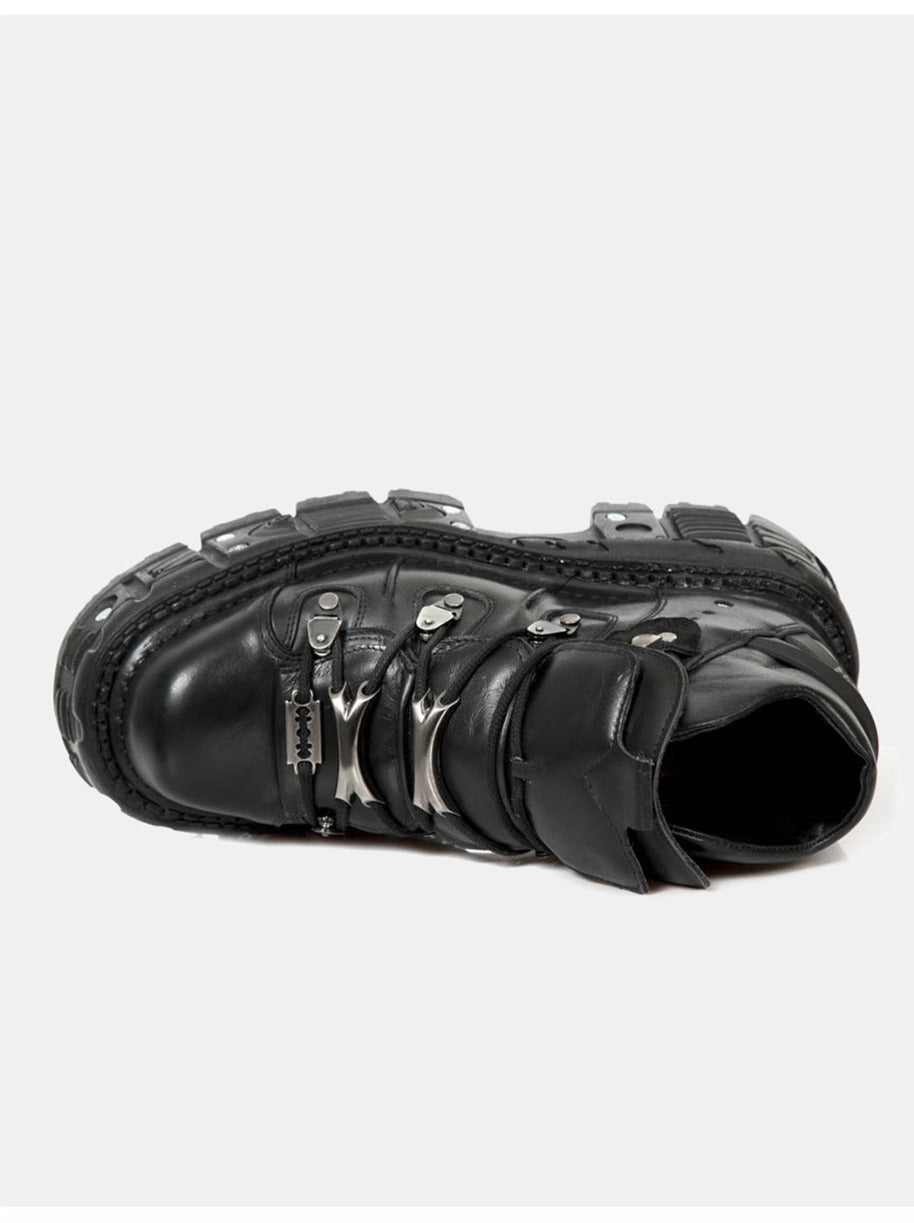 チェーンパンクメタルプラットフォームプレーンダークシューズハイトップ