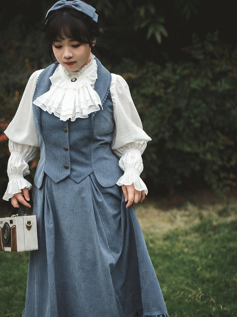 Vest Retro Colored Classical + Long Flared Blouse Skirt