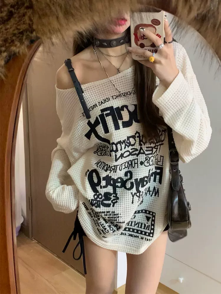 Off-Shoulder Style Knit Print Lazy Letter