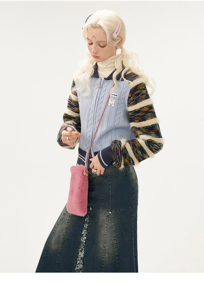 Line Mixed Zipper Double Sweater Cardigan