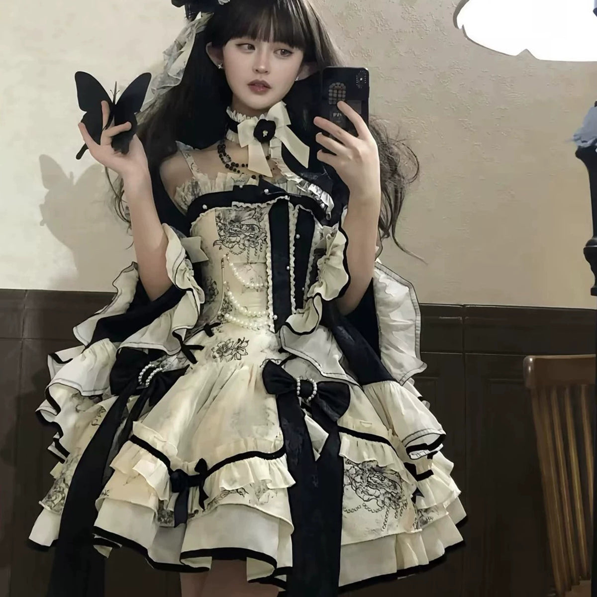 Short JSK cardigan and petticoat package styled on model