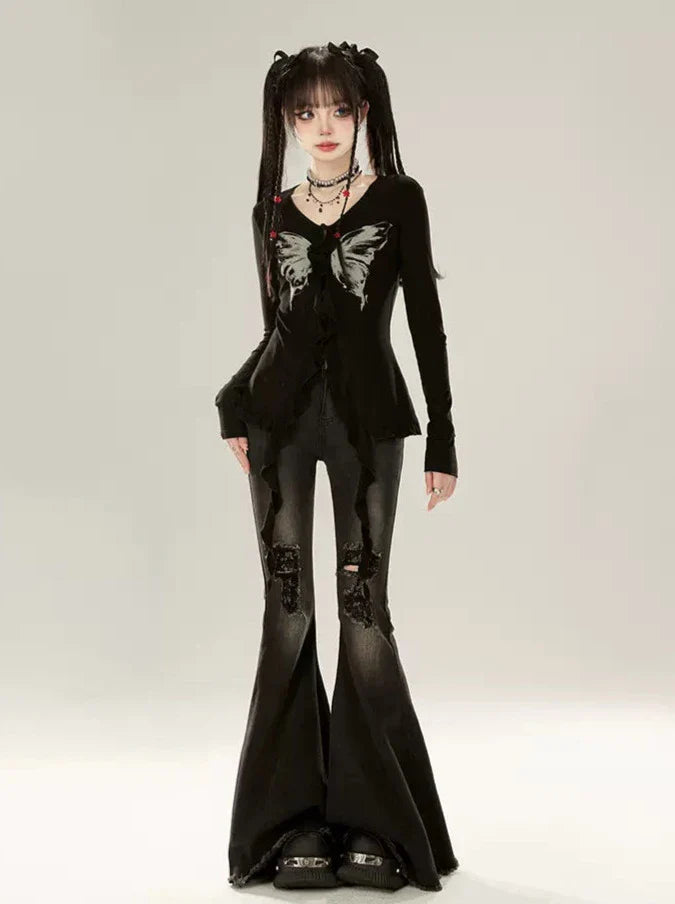 バタフライプリントスリムカーディガンリボンフリル