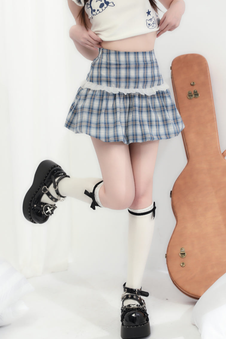 Karierter + ärmelloser Minirock Cat Top Skull