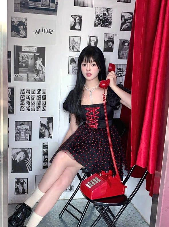 ブラックドットウエストドレスメッシュ