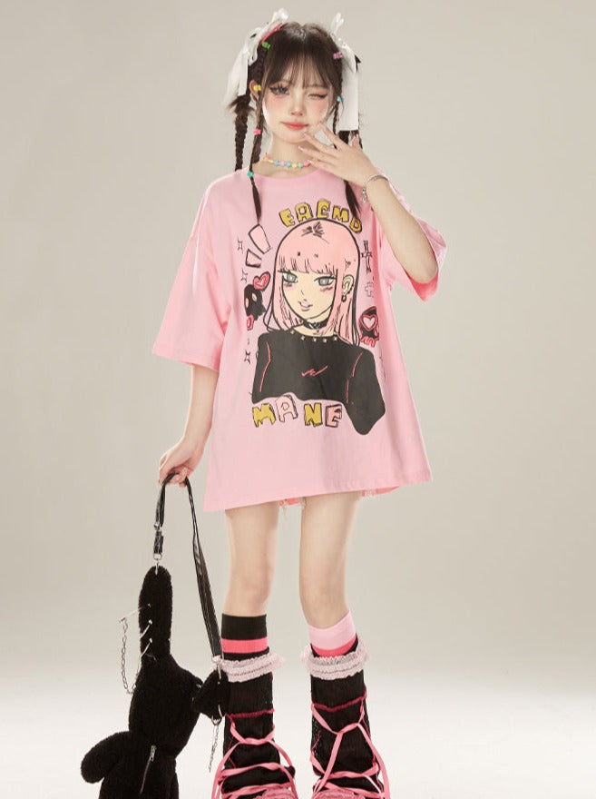 Round Loose Illustration Gray Neck Top Punk Girl