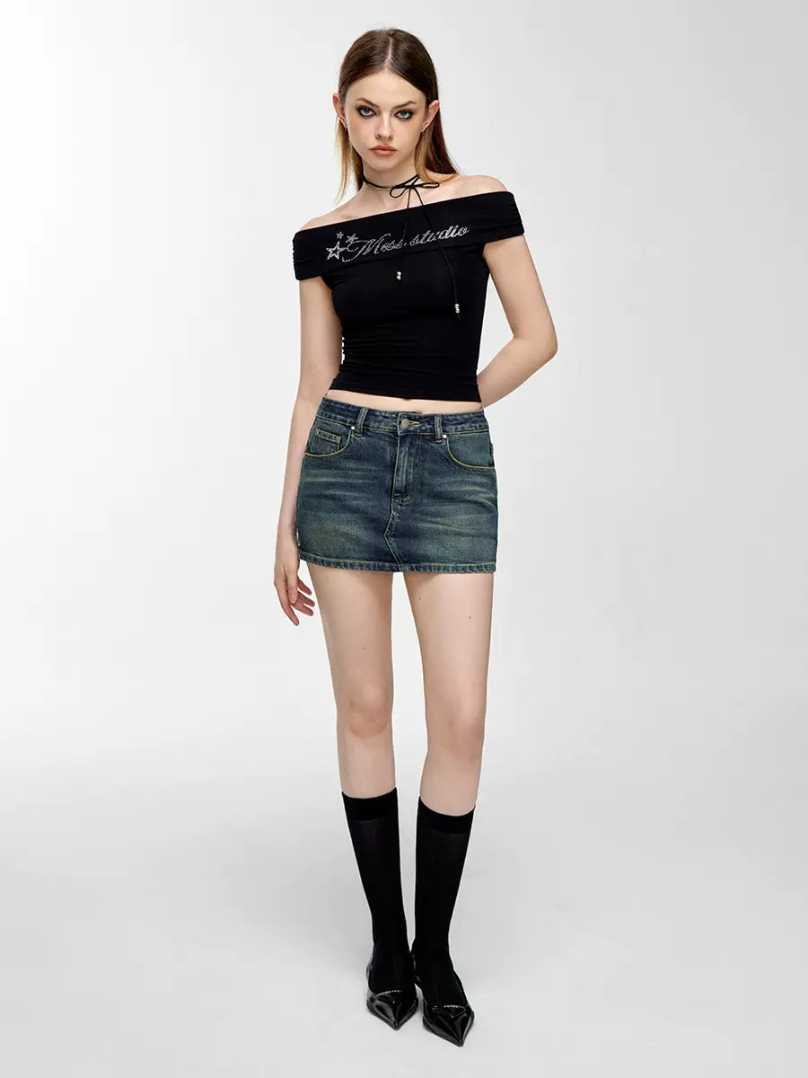 デニムデザインタイトショートロゴスカート