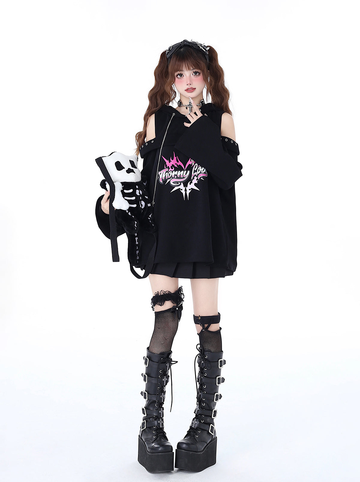 Kapuzen-Subkultur-undichtes Oberteil, Rock-Punk-Frühlings-Schulterkette, Original-Sweatshirt, dunkel