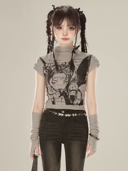 Girl Gray Print Turtleneck Half Dark