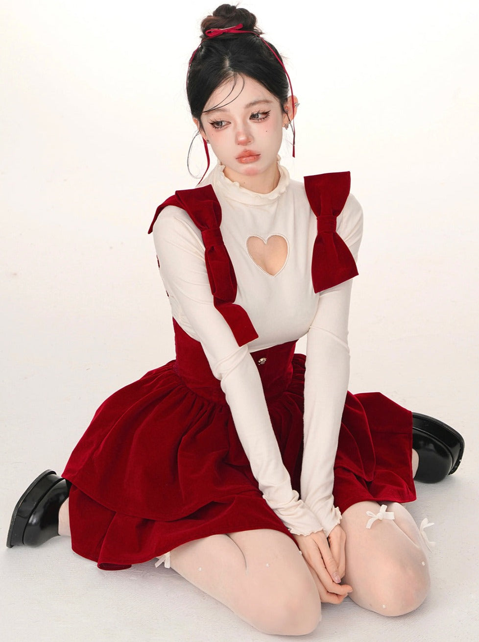 リボンビッグショルダーサスペンダースカート