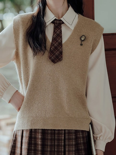 Vest College Skirt Colored Checked Knit Retro Shirt