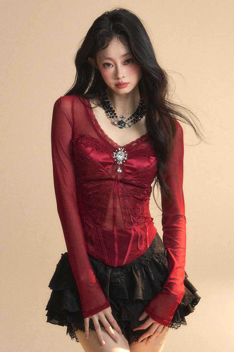 トップメッシュクランベリー 予約商品 オーストラリアンレース Vネック