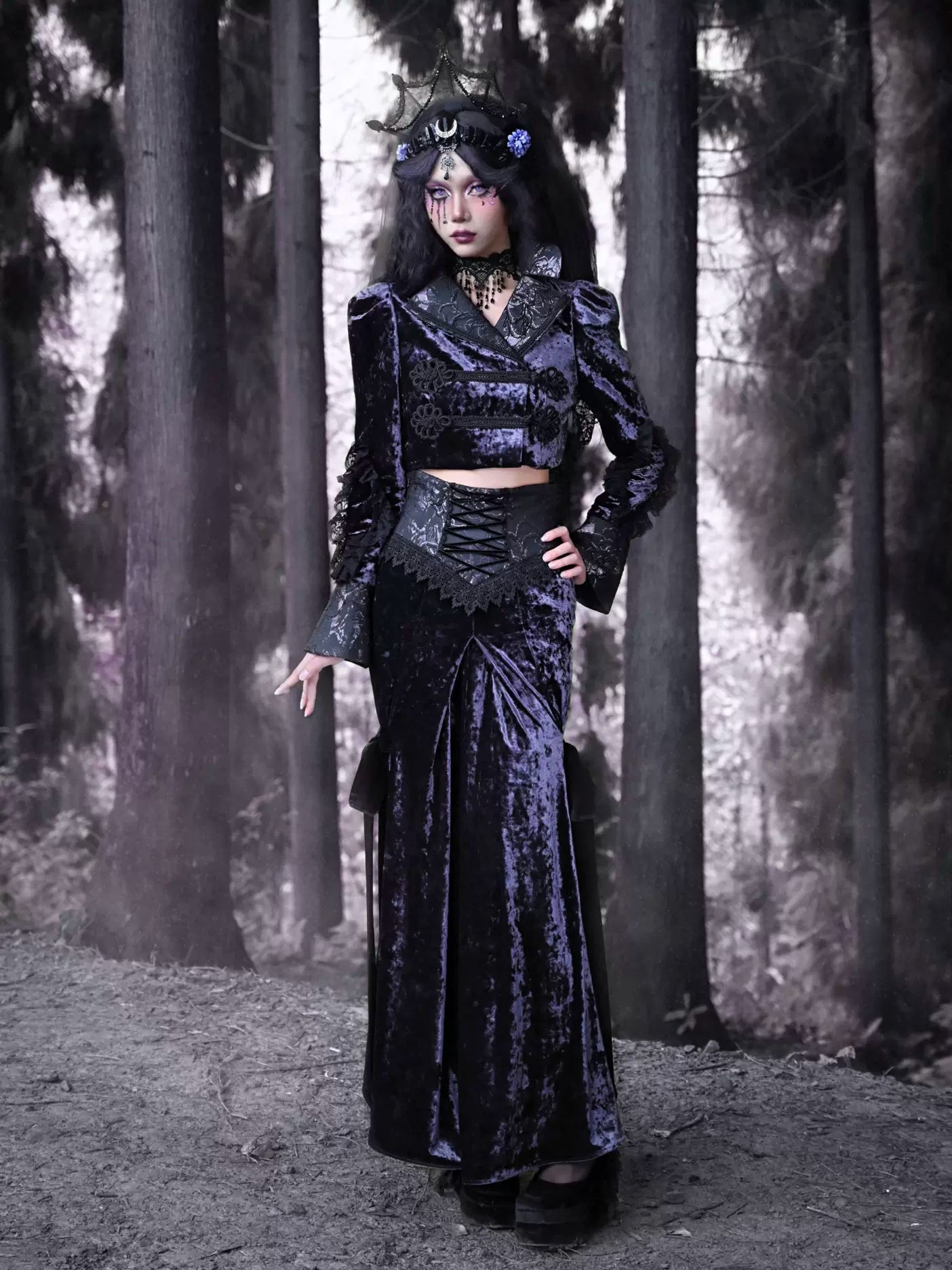 Gothic Long Skirt Ribbon Luna Velvet Slim