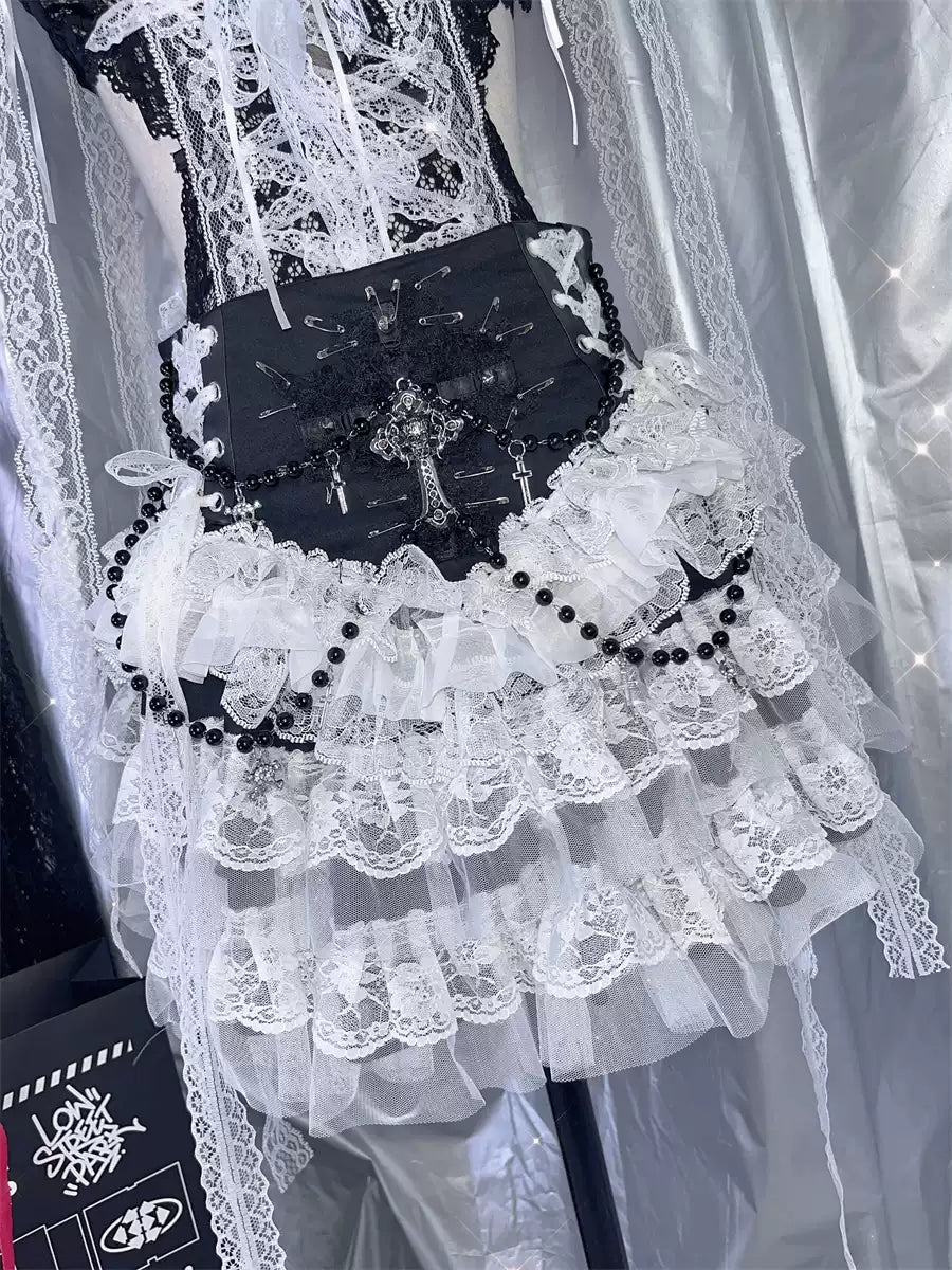 Black Steampunk Gothic Lolita Cross Bead Chain Skirt