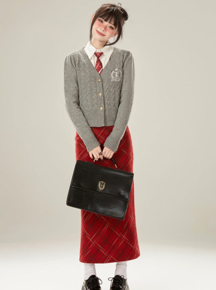 グレーのカーディガン カレッジスタイル スリムセーター