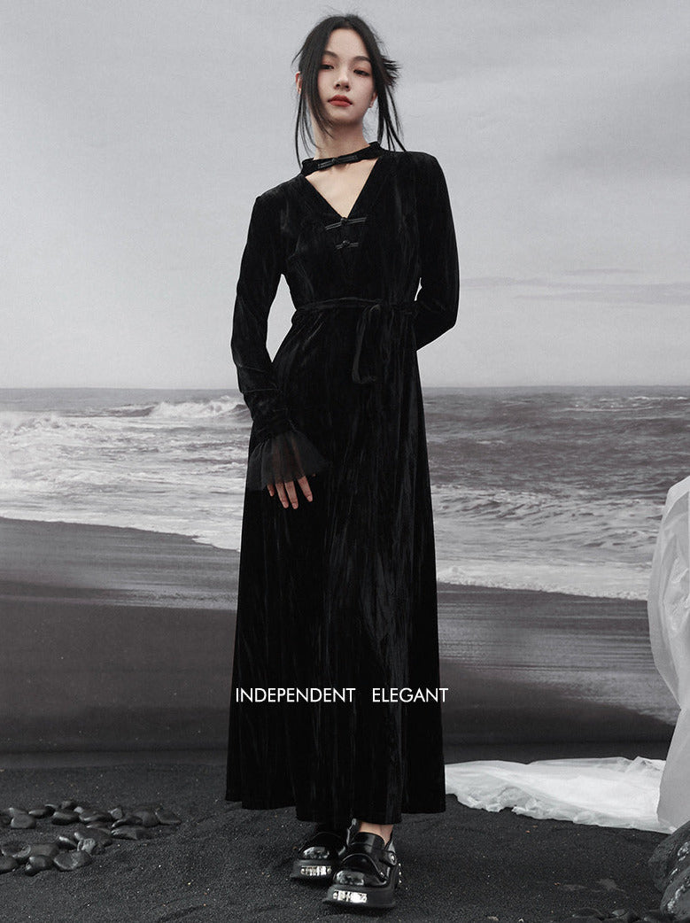 Spleißständer Chinesisches V-Kragen Mesh Romantisches Retro Samt Schwarzes Kleid