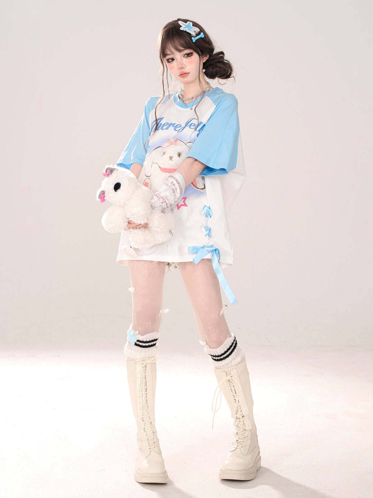Raglan New T-Shirt Pink Blue Loose Rabbit and Design