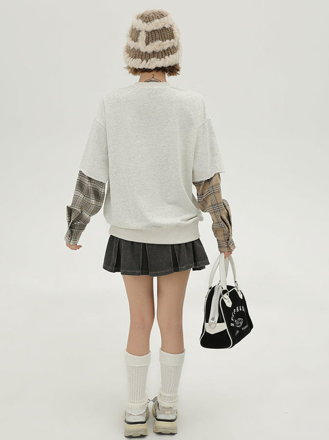 Sleeve Pullover Check American Sweat Faux Two-Piece Asymmetrical