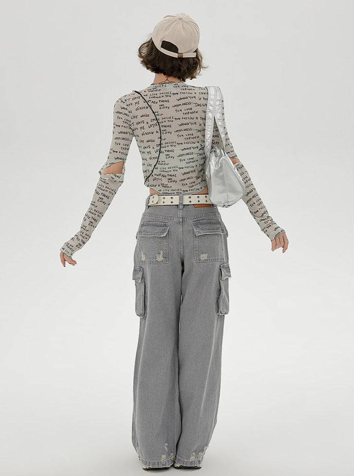 Ärmel Split Kurz Print Slim Top Buchstabe